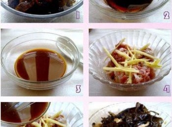step2: 1．木耳用冷水泡發、洗淨，香菇泡發洗淨；
2．取一隻乾淨的碗，放入料酒、醬油和蠔油，加入糖、鹽；
3．再加入澱粉和清水，攪拌均勻做為料汁待用；
4．雞肉切丁，放入碗中，撒入薑絲；
5．倒入調好的料汁，醃製15分鐘；
6．香菇、木耳切絲，撒在醃好的雞肉上，放入蒸鍋，水開後蒸15分鐘即可。