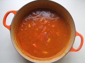 step10: 加入蔬菜高湯或水,馬鈴薯和胡蘿蔔塊,水量超過<span class="group_1">食材</span>即可。加入少許海鹽,煮滾後小火慢燉至蔬菜變軟。