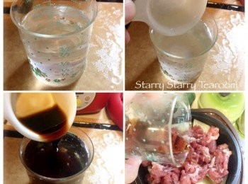 step4: 將味醂和醬油加進3/4杯水中，攪勻。然後再倒入飯煲內鍋。