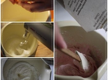 step1: 雙面外層:取2顆雞蛋只保留蛋白部分，打泡至濃稠狀，在倒入粉紅調味粉。