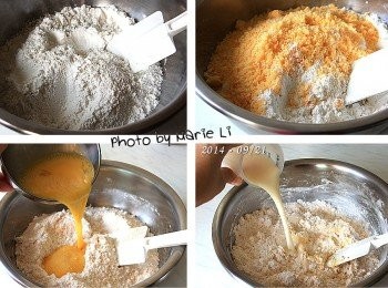 step3: 將粉類倒進大鋼盆中
先倒進乳酪絲與起司粉拌勻
接著依序慢慢加進雞蛋、奶油、煉乳水
一邊加一邊攪拌
使所有材料混合成糰。