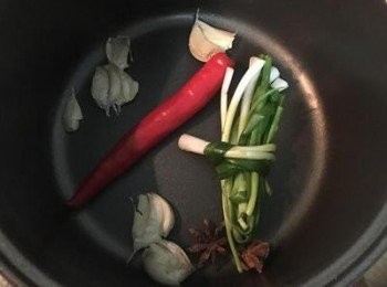 step3: 鍋內先放入洗過且略拍過的蒜頭、辣椒、蔥還有八角。