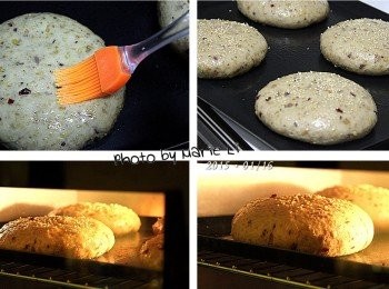 step5: 在發酵好的麵糰表面輕輕刷上一層沙拉油
然後灑上一些白芝麻
送進事先預熱好的烤箱中烘烤

烤箱設定：

上火：       180度
下火：       180度
烤盤放置：    上層
時間：   15~18分鐘

麵包進入烤箱前先於表面噴上一點水
烘烤至表面均勻上色即可取出。

※ 每台烤箱的狀況皆不相同，請依自家烤箱的狀況做調整設定。