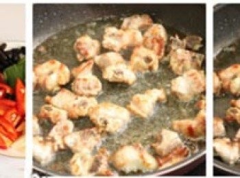 step2: 鍋裡熱油，放入排骨煎炸至外酥里嫩剛熟即可；排骨煎好後，撈出瀝乾油。