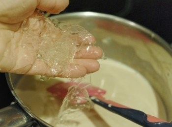 step4: 然後下糖，煮至糖溶化， 再下魚膠片（或粉）拌勻至完全溶化