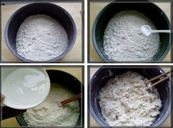 step1: 取麵粉適量，加少量鹽，邊加水邊攪拌成雪花狀。