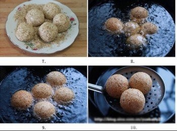 step3: 鍋裡多倒些油，燒至5成熱（手放在油上能感覺到些熱氣）放入麻團。小火慢炸，用筷子輕輕不斷撥動，使麻團均勻受熱（否則不圓，顏色不勻）大概10分鐘左右，熟麻團表面金黃，體積變大並漂浮起來。炸好的麻團撈出控油，放在吸油紙紙上即可。