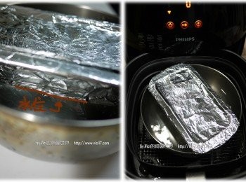 step4: 6 把5放入大鐵盤裡，注入水約到鐵盤1/2高度 7 氣炸200度 40分鐘