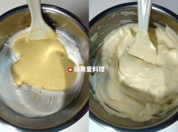 step6: 將大碗裡的麵糊倒入鋼盆裡，與蛋白拌勻。