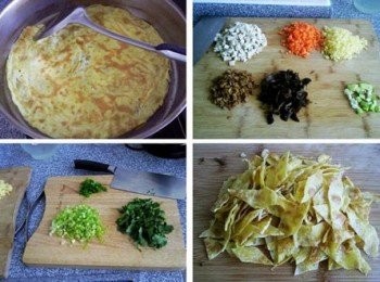 step7: 攤一張薄薄的雞蛋餅並切成菱形片；豆腐、紅蘿蔔、土豆，全部切小丁，黃花菜、黑木耳泡發後切小塊；