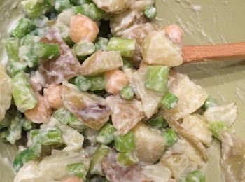 step2: 無蛋沙拉醬拌勻所有材料，加入鹽、油調味，放入冰箱冷藏至凍，