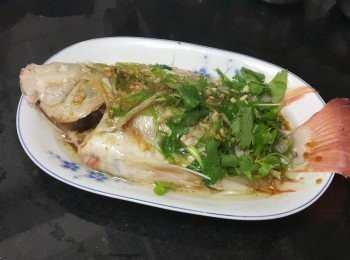 step5: 將珍珠清2洗後隔乾水份 , 將薑絲放在魚的底面 , 水滾計放入蒸 9 分鐘 , 取出倒去魚水, 放上蔥花芫茜 , 爆香蒜頭, 乾蔥淋上面, 加少少生抽, 完成 .