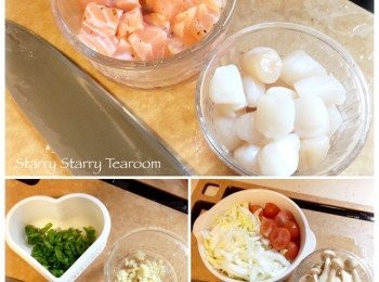 step1: 將所有材料洗淨，切好。三文魚加一點點橄欖油和香草略醃。