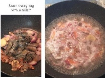 step2: 炒鍋用點椰子油或沙拉油炒香紅蔥頭和薑片，再把蝦殼下去炒，炒香後加入水煮滾，