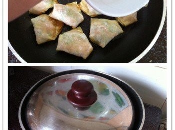 step5: 然后沿著過邊倒入大約3匙食水《小心爆油》，趕緊把鍋蓋蓋起來，小火讓餛飩吸乾水分或至熟即可。