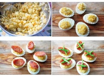 step5: 將米飯與蛋黃和煎香腸的餘油拌勻，取出適量的米飯定型放入蛋白，再鋪上香腸片，最後放上蘆筍