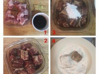 step1: 先醃漬排骨，只需將洗淨的排骨瀝乾後與所有醃料混合抓勻，密封放冷藏過夜即可。要炸時，先放一湯匙地瓜粉將醃料與排骨抓勻後再另外一塊一塊的沾好地瓜粉後閒置。