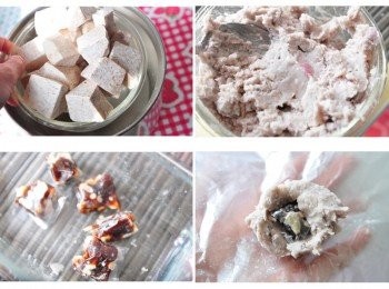 step1: 將芋頭切塊放入電鍋蒸熟，取出後壓成碎泥，並加入溫水、砂糖、地瓜粉均勻攪拌，接著準備南棗核桃糕切成小小塊，放入適量的芋泥中