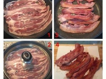 step4: 平底鍋不放油放少許水，排入培根，蓋鍋蓋，開中小火煮，煮到水完全蒸發，就可以打開鍋蓋將培根翻面，再蓋鍋蓋繼續煎，煎到顏色變了，就可以關火，將培根分開排好放在吸油紙上，這樣冷卻後培根就會很酥脆。