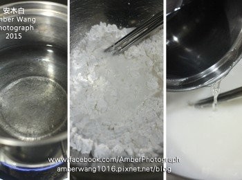 step6: 【<span class="group_1">水晶外皮</span>】麥精糖漿300公克 ，加水100公克下去煮沸(左圖) ；水晶粉100公克，加水100公克 去拌勻(中圖)；煮沸的「麥精糖漿水」倒入「水晶粉水」中拌勻。(這個配方，約可做出10組(二個粽殼為一組)水晶粽)