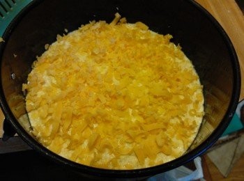 step5: 放入8寸模，别另一半的芝士在面糊上，摄氏180度烤45分钟。