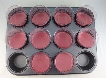 step5: 準備一個馬芬多孔烤盤將杯子放入,將烤盤上方墊高(可做出傾斜狀),再倒入<span class="group_3">草莓奶酪</span>至杯子容量的1/2高度。奶酪完全冷卻後再放入冰箱冷藏2小時做定型。ps:建議冷藏時間要超過2小時為佳。