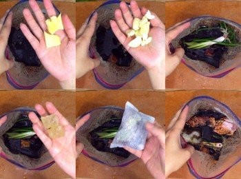 step4: 蒜頭去皮，蔥徹底洗淨留根部不要切，薑去皮切片
將所有材料放入慢煮袋封好