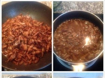 step4: 此時豬肉已炒的差不多了，把冰糖醬油汁倒過來炒鍋，與豬肉條炒勻。再加入蔭油或醬油膏炒勻，即可鏟入燉鍋中加入剩下的米酒及一湯匙的紅蔥酥並加水淹過豬肉,大火煮滾後轉小火蓋鍋蓋慢燉1-2小時。滷蛋或滷豆腐最好在滷了一小時以後才加入.