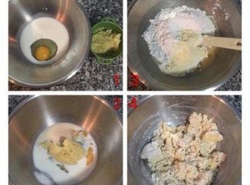 step1: 先將牛奶+蛋+即溶酵母+糖+鹽+馬玲薯泥於攪拌鋼中略微混勻,再加入高粉+低粉+奶粉攪拌到看不到水份,便可用手壓揉成糰.