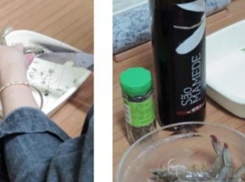 step2: 白蝦剪鬚後撥殼除腸泥，(蝦殼和蝦頭留下做運用喔~) 蒜瓣切細碎，辣椒去籽切細碎備用