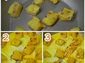 step14: 1、熱好鍋後，倒入一點點油，將切塊的南瓜培根糕放入煎；2、倒入一個打好的蛋；3、灑上披薩起司