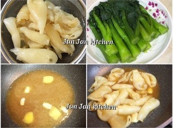 step1: 海花膠解凍沖淨，用薑蔥出水1分鐘，放入冰水浸5分鐘，隔去水分。另一鍋中將菜芯灼熟盛起排上碟。