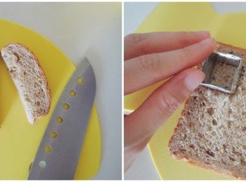 step4: 1）将面包的顶部切除。 2）利用方形的铝箔模型按压在面包上。