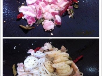 step2: 然後加入花肉片大火爆炒，再加入蓮藕片炒翻。