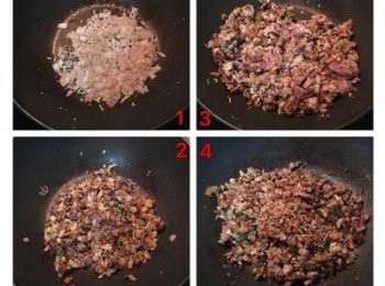 step3: 鍋內放少許油，將紅蔥頭炒香炒軟，再放入香菇炒出香味後再放蝦米炒香。接著放入絞肉和鹽及黑胡椒粉炒散後，加入少許醬油嗆炒一下即可。放入一匙紅蔥酥混勻備用。