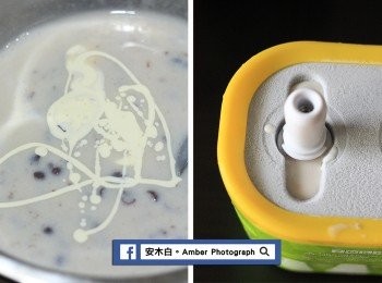 step3: 再加入鮮奶油拌勻(左圖)，放涼後，即可倒入製冰棒的容器中，7分鐘即可製冰完成(右圖)，當然也可以用傳統的製冰容器，放入冷凍庫中冰，冰到結凍即可食用。