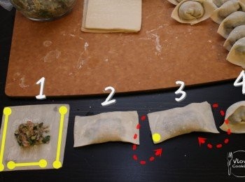 step4: 包雲吞方法如下: 1-雲吞皮中間放入餡料, 黃色位置用手指沾水 > 2-對摺貼好 >3- 如紅色箭咀二邊向內屈好, 於黃色位置沾水貼實 4-不露餡就完成