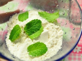 step1: 取出鬆餅粉並加上薄荷葉