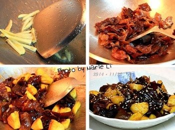 step3: 作法：

起油鍋，先將薑絲下鍋爆香
再放進木耳和鳳梨塊拌炒一下
接著加入調味料和半杯溫水
炒至湯汁收乾即可起鍋

裝盤後灑些芝麻可以增添香氣~