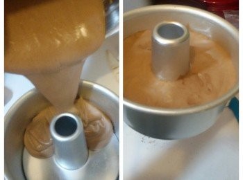 step8: 倒入模，高處摔模10次消氣泡，入已預熱180度焗爐中，再調低160度焗25分鐘，蛋糕出爐後，把蛋糕模高度摔下落在檯面上，然後倒扣放涼。就不會收縮了