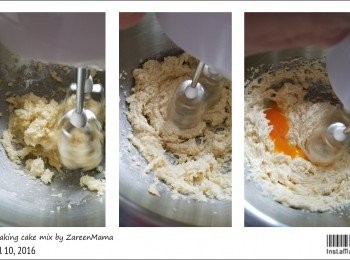 step3: 先將砂糖加入室溫牛油，用打蛋器打至淡黄色。
再慢慢加入蛋漿打勻。