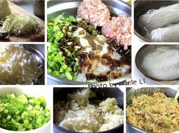 step2: 在等待《老麵》發酵的時間
先來準備煎包的內餡

高麗菜：    1/4顆
冬粉：       兩把
蔥：         適量
豬絞肉：     適量
素蠔油、糖、胡椒、香油： 適量

高麗菜洗淨切絲，灑點鹽稍微拌一下悶著
悶軟後將鹽水倒掉，備用。

冬粉(粉絲)放進水裡泡軟，切段備用。

蔥切末，加進高麗菜、粉絲、豬絞肉裡
倒進調味料拌勻即可。