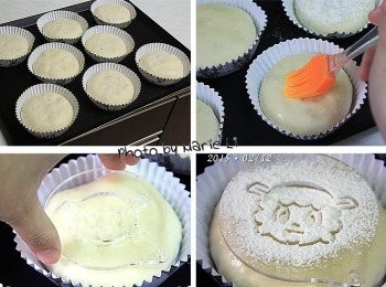 step6: 送入烤箱前，先在麵包表面塗上一層蛋白
放上巧虎粉篩板，篩上些許麵粉
取下篩板後就會看到很可愛的圖案了~