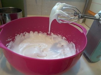 step2: 蛋白打到粗白泡後，一次加入所有砂糖打至稍幼滑加入粟粉，打至有長下垂不滴落蛋白霜。備用。