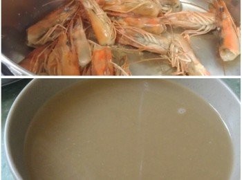 step1: 中蝦脫殼去腸留頭切粒後，把蝦頭炒香灒酒加700ml水，蓋上蓋子用中火煮15分鐘。把湯過篩備用。