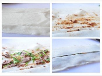 step3: 取一張板條，於內層塗滿肉燥醬，再將牛肉片及香菜鋪上，兩邊對褶線向內褶包覆