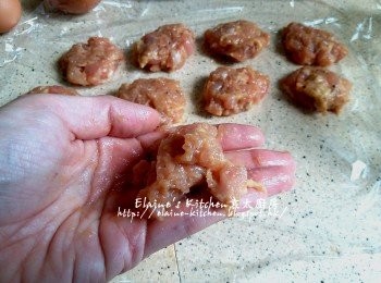 step4: 冷藏數小時後從冰箱取出 , 將適量雞蓉用手壓成塊狀 (大小隨意呢)