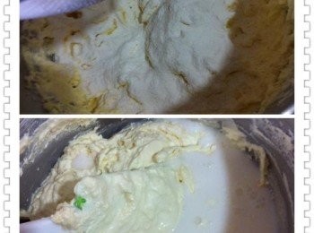 step3: 篩入自發粉和發粉，攪拌均勻。
然後加入full cream牛奶，輕輕的拌均勻。