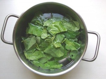 step3: 水滾後放入地瓜葉及少許沙拉油,汆燙約2分鐘(時間依個人喜愛的熟度口感而增減),加入少許的沙拉油可讓地瓜葉色澤保留翠綠色。