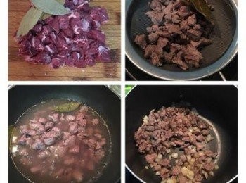 step1: 牛腩或牛腱洗淨後逆紋切大丁,用滾水和月桂葉略燙一下去血水. 濾掉水份後(月桂葉需保留用來熬湯),接著用半顆洋蔥丁和少許的橄欖油略炒,並用少許的鹽和黑胡椒粉調味,下少許米酒或白酒略炒後加入水和月桂葉,大火煮滾後轉小火並將浮在表面的渣撈掉後蓋鍋蓋燉煮45分鐘直到牛腩或牛腱變軟.